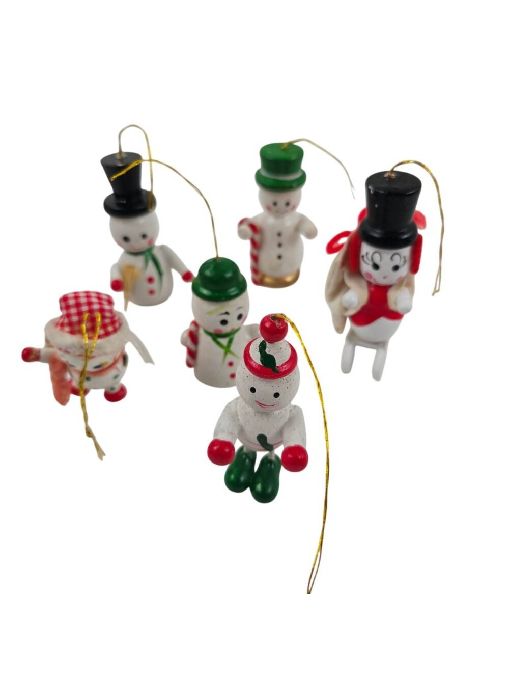 Vintage Miniature Christmas 6 Ornaments Hand Painted Wooden Snowman White Glossy